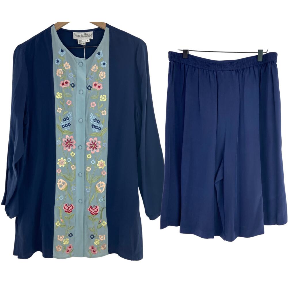 NWT Diane Von Furstenberg 100% Silk Navy Blue Floral Embroidered Tunic Short SET
